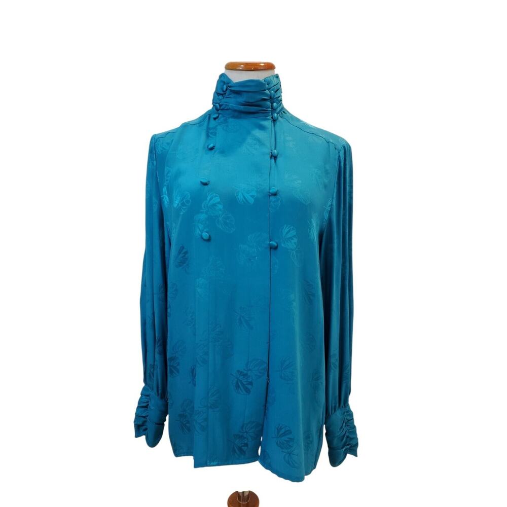 The Silk Farm Vintage Blue Embossed High Neck 1970s Elegant Blouse Size 8